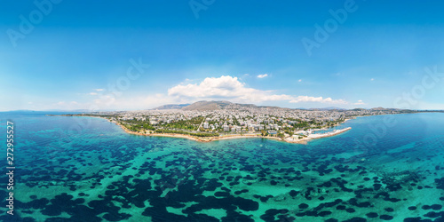 Wide aerial, panoramic view of the south coast of Athens, the Riviera with emerald sea, beaches and marinas