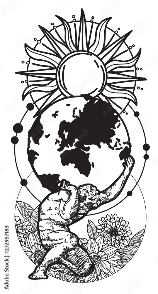 Obraz premium Tattoo art people carrying the world hand drawing and sketch with line art illustration isolated on white background.