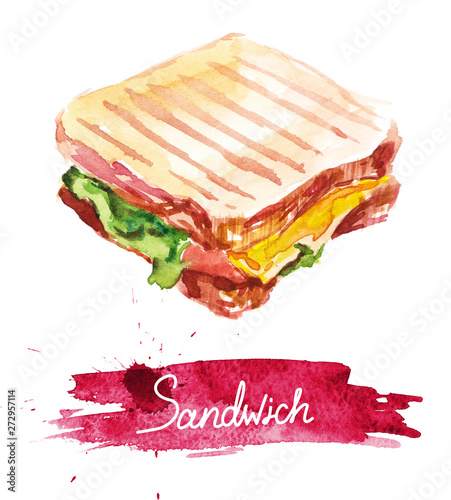 Watercolor sandwich with lettering. Hand drawing food photo