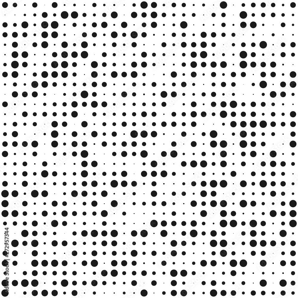 Monochrome halftone pattern. Abstract seamless texture with different sizes of black dots. Vector illustration.