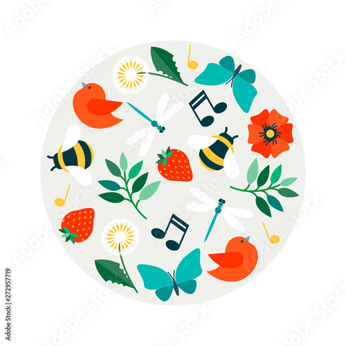 Vector illustration of summer elements set. Flat design style icons with bee, bird, flower, butterfly, dragonfly, berry. Template for summer banner design, print, poster, invitation, postcard. EPS 10