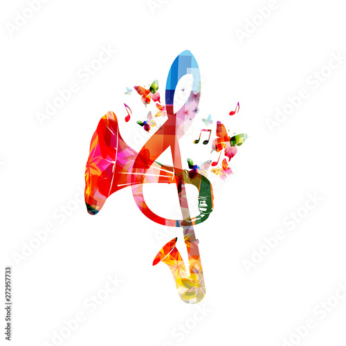 Colorful G-clef with gramophone horn and saxophone isolated vector illustration design. Music background. Retro phonograph horn with music notes, music festival poster, concert events, party flyer