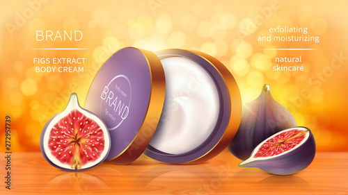 Tropical figs cosmetics realistic vector background. Open jar with cosmetic skin care product, whole and sliced purple fig fruit on bright orange blurred background with golden sunny bokeh