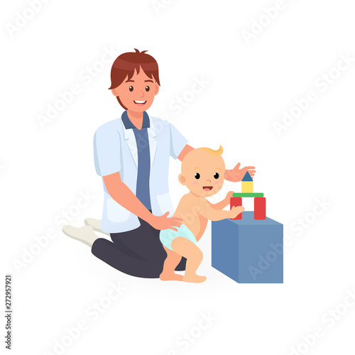 Occupational therapy treatment session on screening child development of baby. Concept for pediatric clinic, pediatrician and learning in children. Vector illustration isolated on white background.