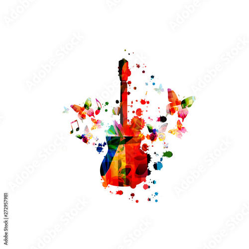 Colorful guitar with music notes isolated vector illustration design. Music background. Guitar poster with music notes  festival poster  live concert events  party flyer