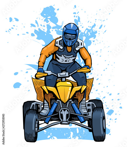 Vector illustration of a man riding all-terrain vehicle. Beautiful extreme sport poster. Summer vacation activity. ATV motocross competition contestant
