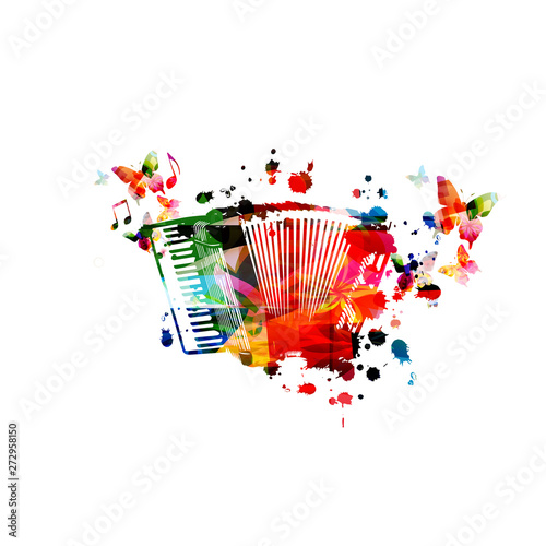 Colorful accordion with music notes isolated vector illustration design. Music background. Accordion poster with music notes, festival poster, live concert events, party flyer