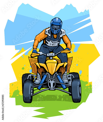 Vector illustration of a man riding all-terrain vehicle. Beautiful extreme sport poster. Summer vacation activity. ATV motocross competition contestant