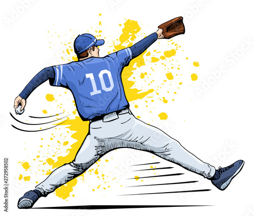 Vector illustration of a baseball player throwing the ball. Beautiful sport themed poster. Abstract background, summer sports, team game, baseball pitcher