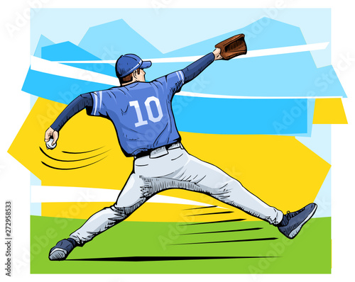 Vector illustration of a baseball player throwing the ball. Beautiful sport themed poster. Abstract background, summer sports, team game, baseball pitcher
