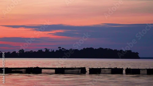 Fishing cages under cloudy orange evening sky at Lake Victoria. Birds sit on the cages. Forested island by the horizon. Kalangala, Uganda. photo