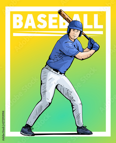 Vector illustration of a baseball player standing with the baseball bat. Beautiful sport themed poster. Team game, summer sports, baseball batter