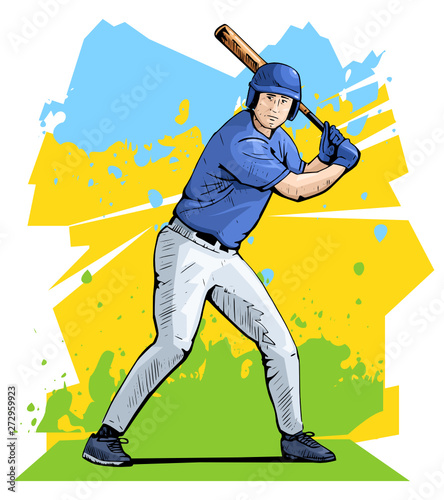 Vector illustration of a baseball player standing with the baseball bat. Beautiful sport themed poster. Team game, summer sports, baseball batter