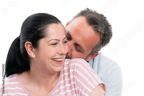 Closeup of man kissing woman neck and hugging