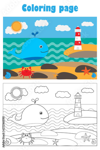 Whale and lighthouse in cartoon style, summer coloring page, education paper game for the development of children, kids preschool activity, printable worksheet, vector illustration
