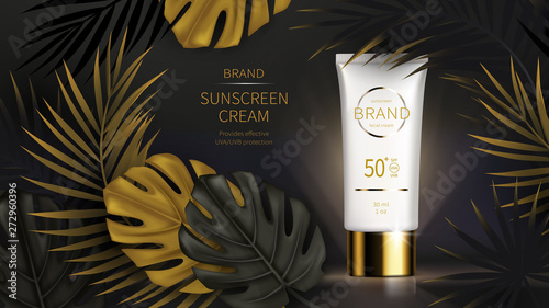 Sun protection cosmetic vector realistic ads poster. White plastic tube with sunscreen product, black golden tropical date palm, monstera leaves on dark background. Spf cosmetics, mock up for magazine