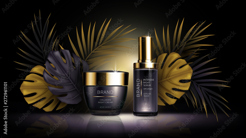 Vettoriale Stock Summer night skin care cosmetics vector realistic ads  poster. Purple bottles with collagen cosmetic product, black golden  tropical palm, monstera leaves on dark background. Mock up for magazine |  Adobe