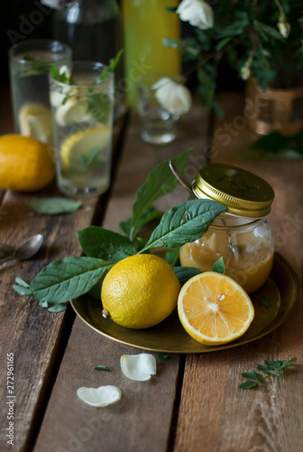 Still life with lemons, honey and homemade lemonade