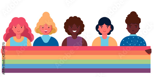 Collection of girl and women holding lgbt rainbow flag. Crowd of people taking part in pride parade. women at street demonstration for LGBT rights. Group of lesbian, bisexual, transgender activists.