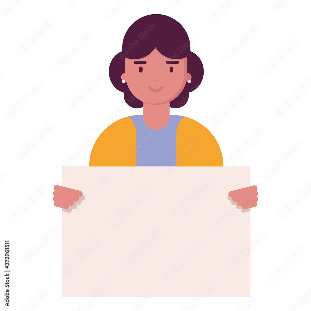 smiling cartoon character caucasian young woman holding clean placard. portrait avatar with female . Vector illustration in flat style. Feminism, no racism, activist. We are women smiling cartoon character caucasian young woman holding clean placard. portrait avatar with female . Vector illustration in flat style. Feminism, no racism, activist. We are women