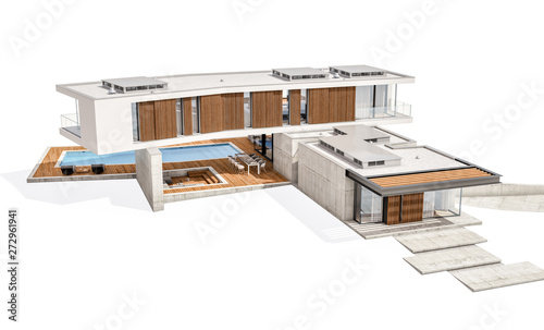 3d rendering of modern house on the hill with pool isolated on white © korisbo