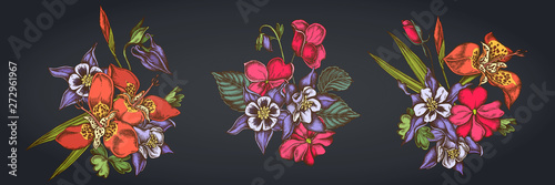 Flower bouquet of impatiens, tigridia, aquilegia