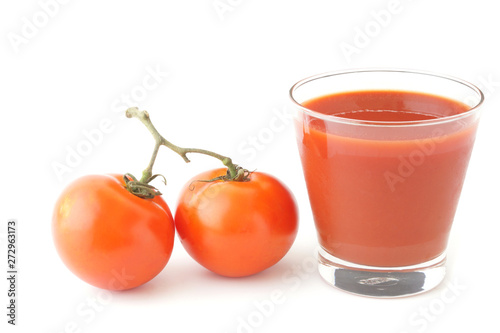 fresh tomatoes and Tomato juice and isolated on white background