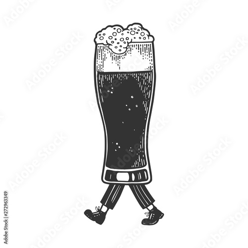 Beer glass cup walks on its feet sketch engraving vector illustration. Scratch board style imitation. Black and white hand drawn image.