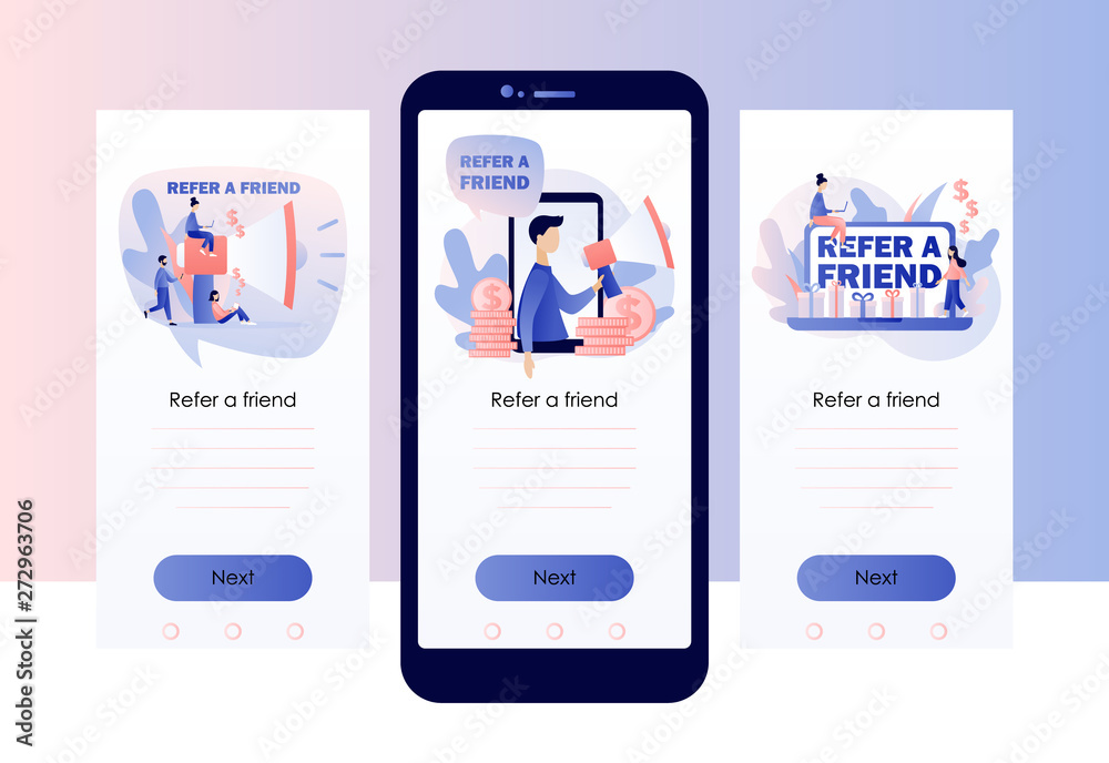 Refer a friend concept. Screen template for mobile smart phone. Flat cartoon style. Vector illustration Refer a friend concept. Screen template for mobile smart phone. Flat cartoon style. Vector illustration