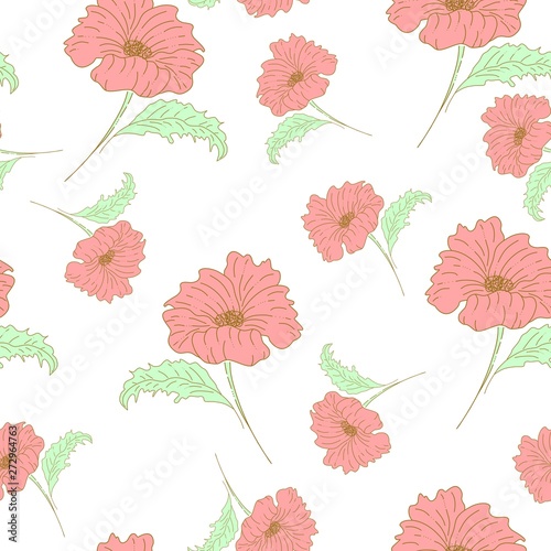 Hand drawn artistic poppy flower vector seamless pattern. Colorful pattern elements in doodle style  isolated on white background. 