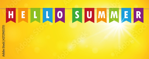 hello summer party flags banner on yellow sunny background vector illustration EPS10
