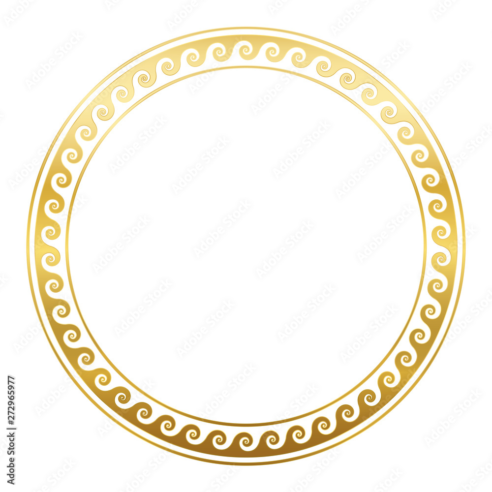 Circle frame with golden spirals or horns, seamless greek pattern. Decorative border, constructed from continuous lines, shaped into a repeated motif. White background.