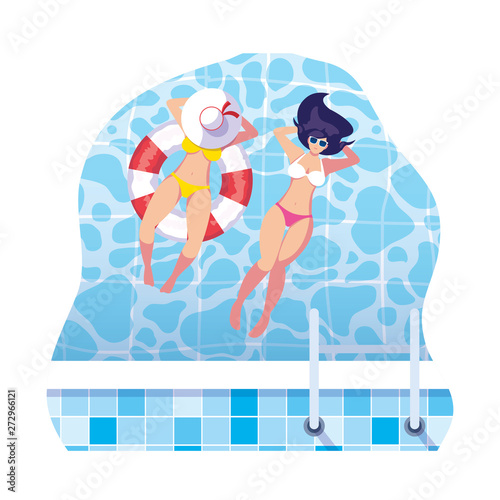 girls with swimsuit and lifeguard float in water