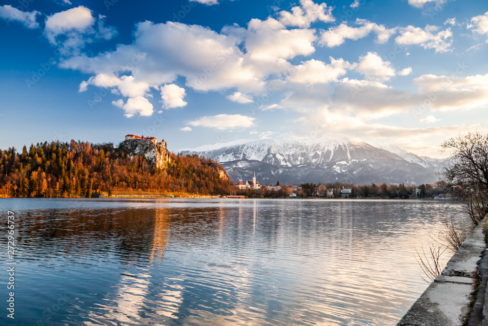 Colorful summer scene on the Bled lake with medieval castle Blejski grad. Morning in Julian Slovenia, Europe.