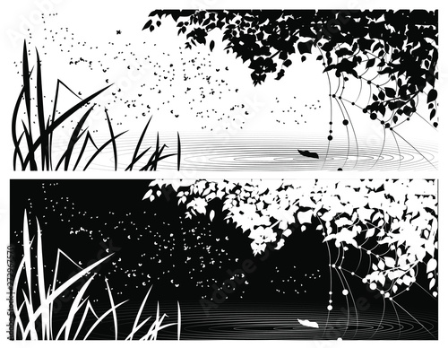 Vector cover for social networks, with the image of summer, day and night, with trees, grass and water