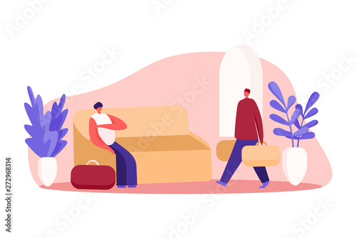 Travelers with luggage waiting for registration, young woman sitting on sofa, man holding baggage, guesthouse lounge zone