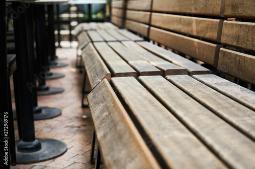 Wooden benches of a cafe