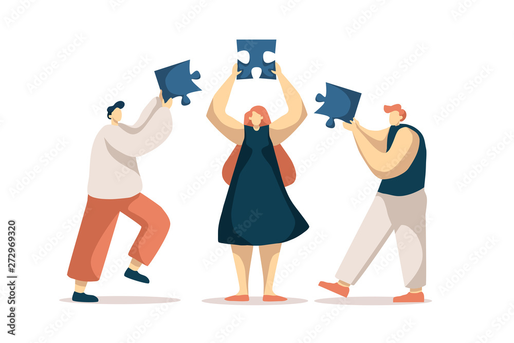 Coworkers assembling jigsaw puzzle, colleagues togetherness, teamwork, group brainstorm, business cooperation, partnership Coworkers assembling jigsaw puzzle, colleagues togetherness, teamwork, group brainstorm, business cooperation, partnership