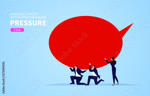 Three businessmen withstand pressure on speech bubble