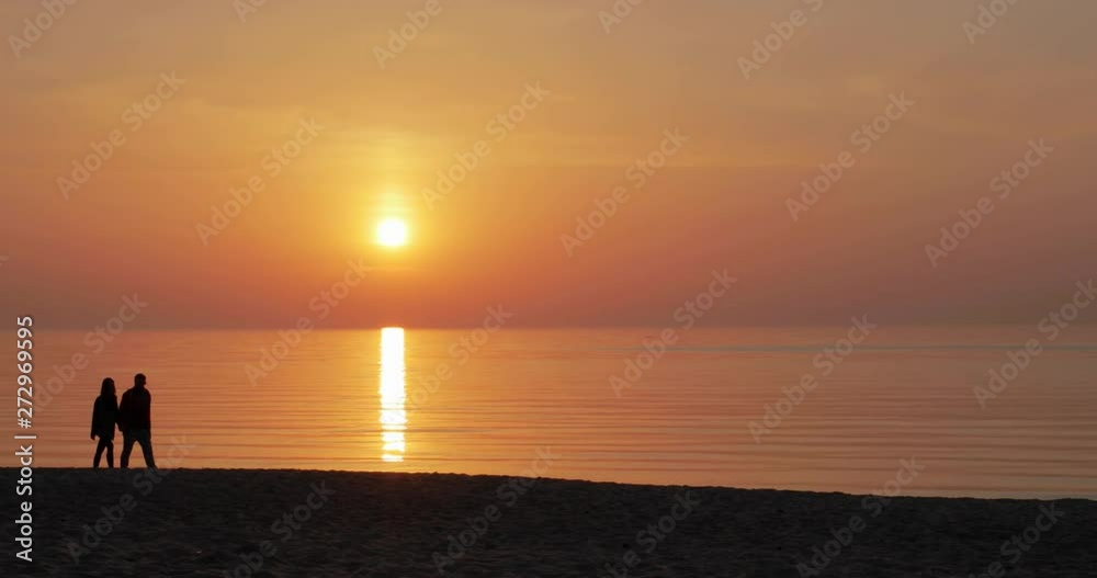 Silhouetted couple in love and their dog take a walk along the beach at sunset Silhouetted couple in love and their dog take a walk along the beach at sunset