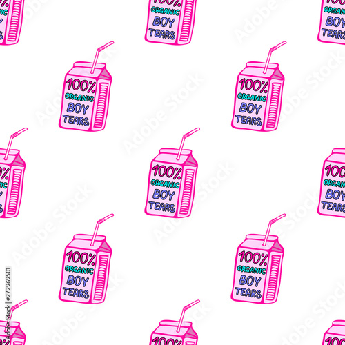 100% Organic Boy Tears drinks seamless pattern. Funny, sassy vector wallpaper. White background.	
