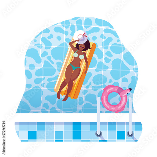 afro woman with float mattress floating in water