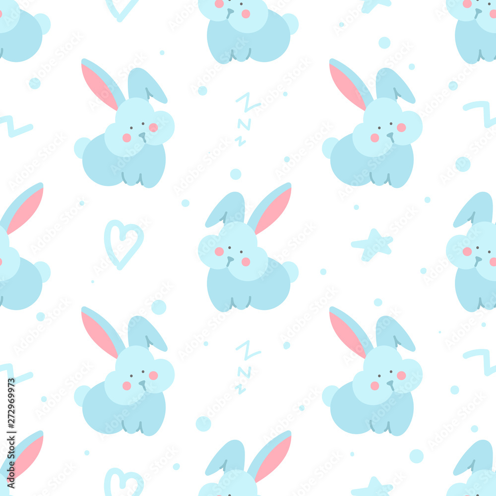 Seamless pattern with doodle bunnies and elements.