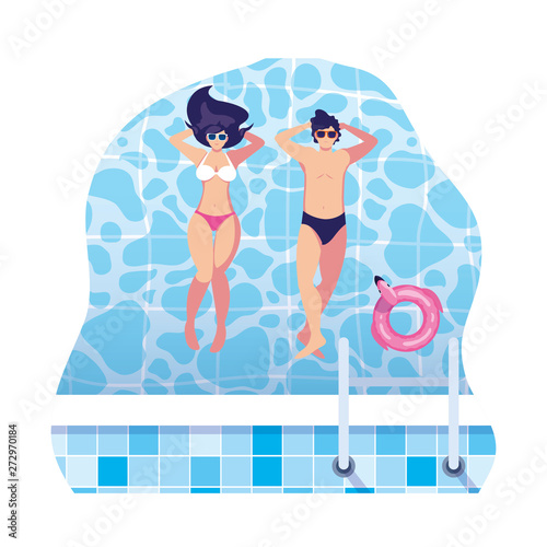 young couple with swimsuit floating in pool