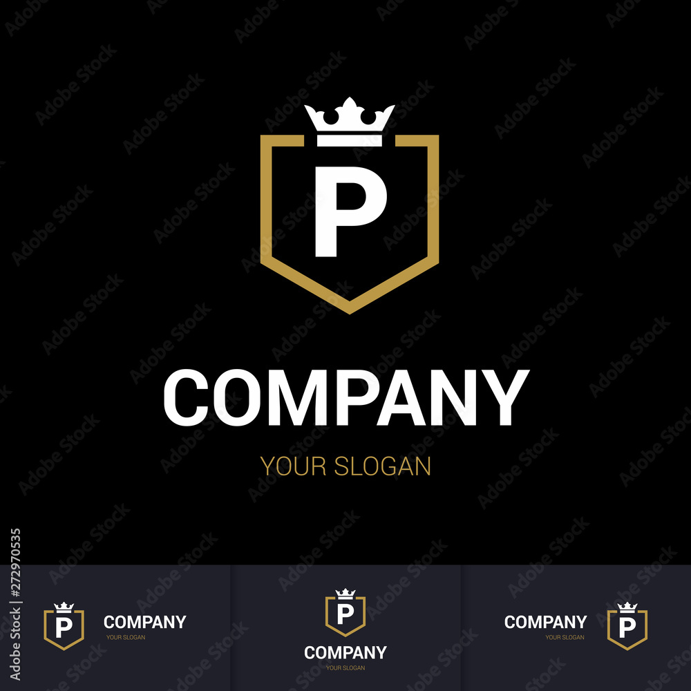 Illustration of Shield Badge-Shape with letter P in the Middle and Luxury Crown. Logo Icon Template for Web and Business Card, Letter Logo Template on Black Background Illustration of Shield Badge-Shape with letter P in the Middle and Luxury Crown. Logo Icon Template for Web and Business Card, Letter Logo Template on Black Background