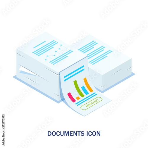 Isometric stack of documents with an approved stamp. Can use for web banner, infographics, hero images. Flat isometric illustration.