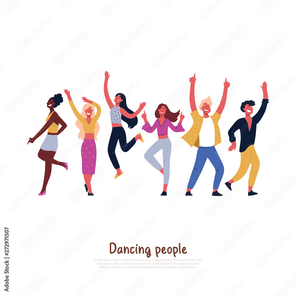 Party dancers, smiling people dancing, having fun, celebrating special event with energetic movements, gesturing banner