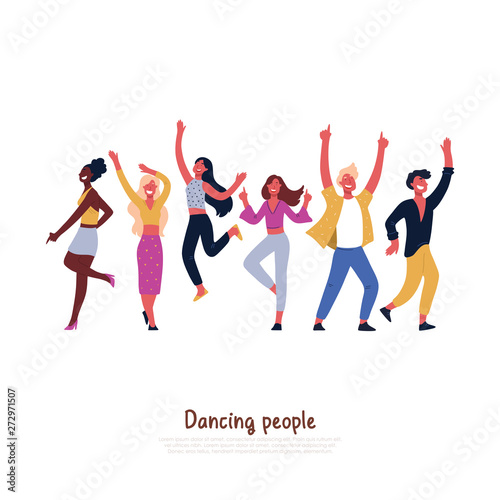 Party dancers, smiling people dancing, having fun, celebrating special event with energetic movements, gesturing banner