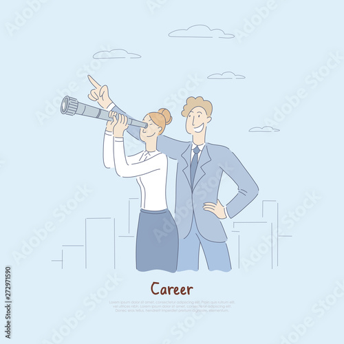 Businessman pointing at sky, businesswoman looking into telescope, planning for future metaphor, job opportunities banner photo