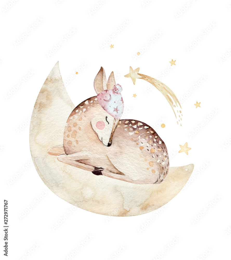 Cute dreaming kreskówka jelenia zwierząt ręcznie rysowane akwarela ilustracja. Sleeping charecher dzieci przedszkole nosić projektowanie mody, baby shower zaproszenia karty.